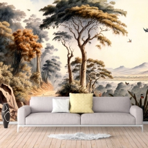 Wall mural or wallpaper drawing landscape forest and mountains