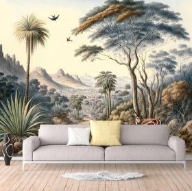 Wall mural or wallpaper drawing landscape birds forest and mountains