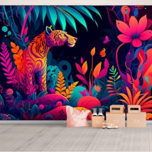 Wall mural or wallpaper neon jaguar jungle illustration
