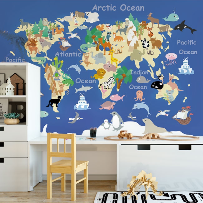 🥇 Children's map wallpaper or mural with continent animals 🥇