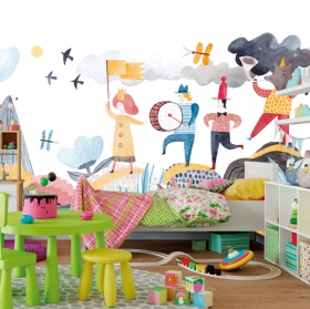 Wall mural or wallpaper children's drawings animals in the forest raccoon