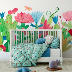 Wall mural or wallpaper drawing watercolor flowers and butterflies