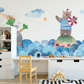 Wall mural or wallpaper children's drawing sailor bear