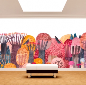 Wall mural or wallpaper drawing trees and birds watercolor