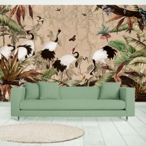Wallpaper or wall mural drawing forest landscape birds and butterflies