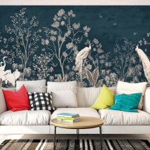 Photomural or wallpaper forest peacock birds vintage