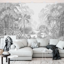 Black and white tropical jungle illustration murals