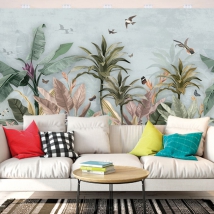 Wallpaper or mural tropical landscape flowers birds and butterflies