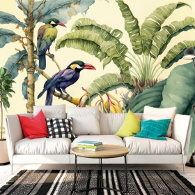 Wall mural or wallpaper plants fruits tropical birds watercolor style