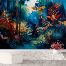 Tropical landscape and watercolor macaw wallpaper or photomural
