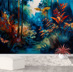 Tropical landscape and watercolor macaw wallpaper or photomural