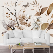 Wall mural or wallpaper vintage birds and plants illustration