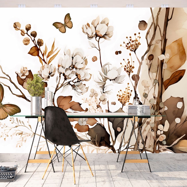 Wall mural or wallpaper illustration butterflies plants vintage