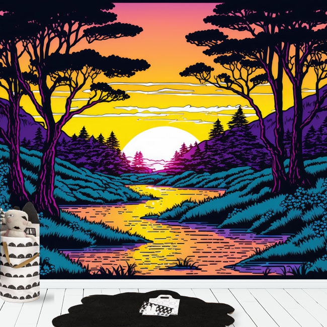Wall mural or wallpaper illustration sunset pine forest