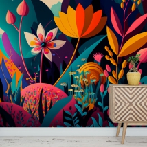 Wallpaper or mural illustration of colorful flowers and plants