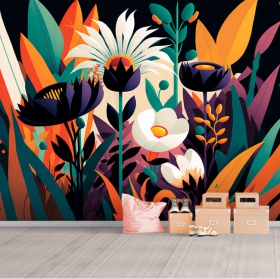 Wallpaper or wall mural drawing modern flowers and plants