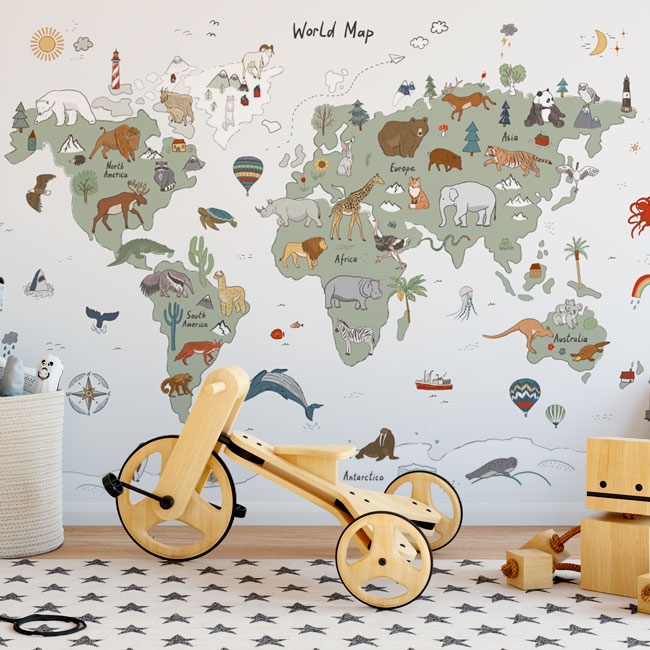 🥇 Wall mural or wallpaper children's world map animal drawings 🥇