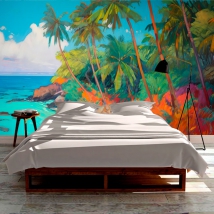 Landscape painting paradise beach tropics with palm trees wallpaper or mural