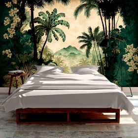 Tropical forest and flowers illustration wallpaper or mural