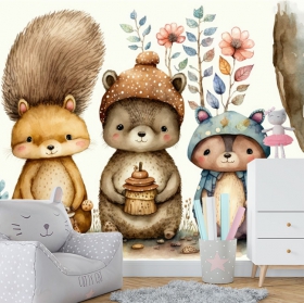 Wall mural or wallpaper family illustration squirrels watercolor children's youth