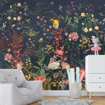 Wallpaper or mural vintage drawing flowers and birds