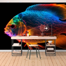 Wall mural or wallpaper juvenile neon color goldfish illustration