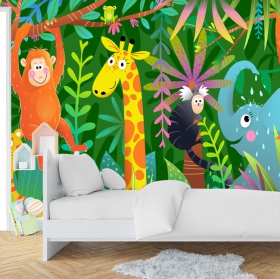 Wallpaper or mural child's drawing animals in the jungle monkey giraffe elephant