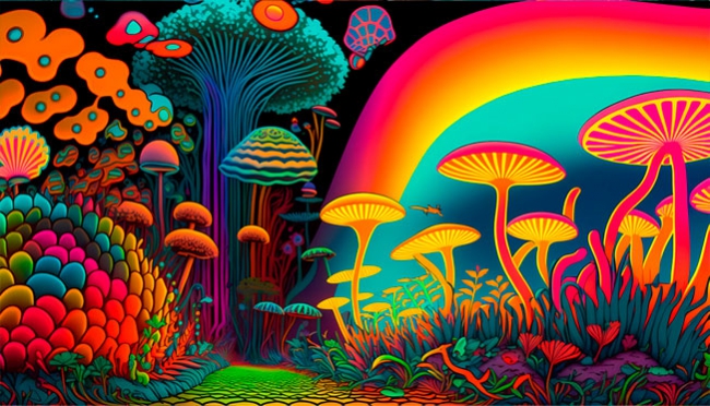 Wall mural or wallpaper youth illustration mushrooms psychedelic style neon colors