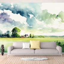 Wall mural or wallpaper watercolor painting landscape field and house