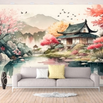 Wallpaper or mural watercolor asian landscape lake ducks and cherry trees