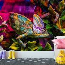 Wall mural or wallpaper chameleon in colorful tree