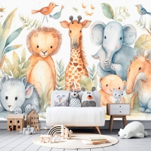 Watercolor animals wall mural or wallpaper