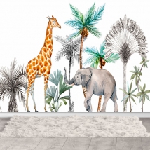 Watercolor jungle animals wall mural or wallpaper