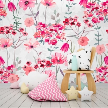 Wallpaper or mural drawing spring flowers cheerful youthful childish