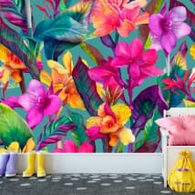 Wallpaper or mural drawing tropical classic flowers