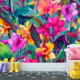 Wallpaper or mural drawing tropical classic flowers