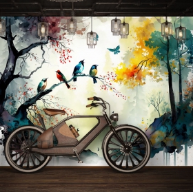 Modern wall mural or wallpaper watercolor drawing trees and birds