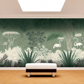 Wall mural or wallpaper vintage style drawing with flamingos and plants in green tones