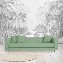 Wallpaper or mural drawing tropical jungle plants palm trees in gray