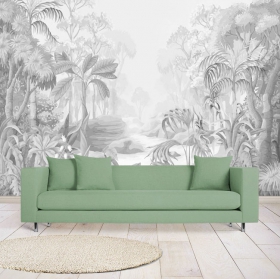 Wallpaper or mural drawing tropical jungle plants palm trees in gray
