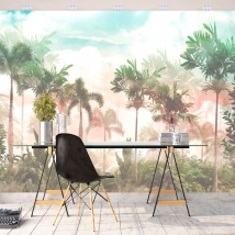 Wallpaper or mural drawing tropical jungle with plants and palm trees