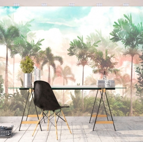 Wallpaper or mural drawing tropical jungle with plants and palm trees