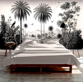 Wallpaper or mural tropical forest illustration with birds and palm trees