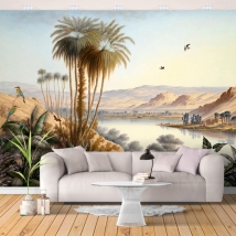 Wall mural or wallpaper drawing oriental landscape with lake, palm trees and birds