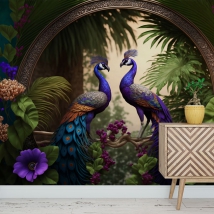 Wall mural or wallpaper illustration couple peacock with flowers