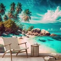 Wall mural or wallpaper sunny paradisiacal caribbean beach illustration