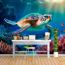 Wall mural or wallpaper illustration marine coral landscape with fish and turtle foreground