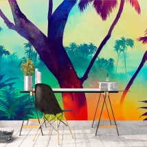 Wall mural or wallpaper drawing tropical landscape trees and palms colorful gradient modern