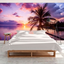Caribbean beach sunset with palm tree wallpaper or mural