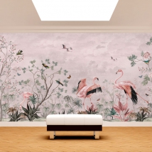 Wallpaper or mural vintage type drawing flowers plants and birds with flamingos